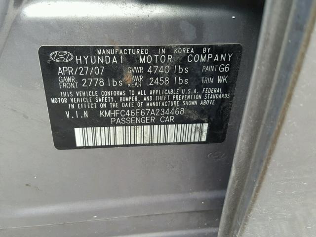 KMHFC46F67A234468 - 2007 HYUNDAI AZERA SE GRAY photo 10