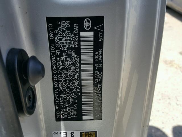 JTKJF5C70B3002687 - 2011 TOYOTA SCION TC ვერცხლისფერი ფოტო 10