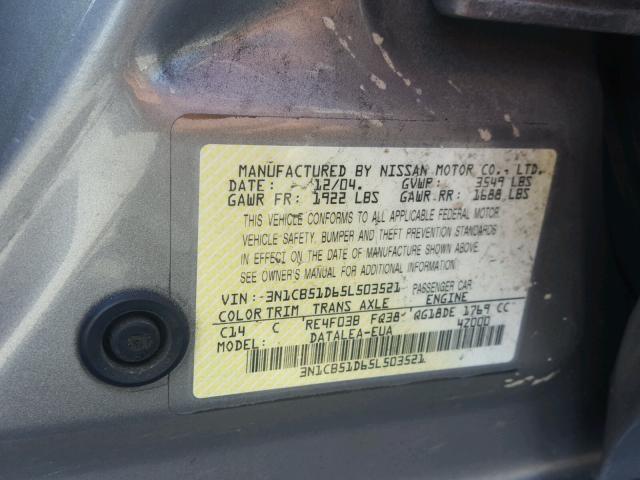 3N1CB51D65L503521 - 2005 NISSAN SENTRA 1.8 GRAY photo 10