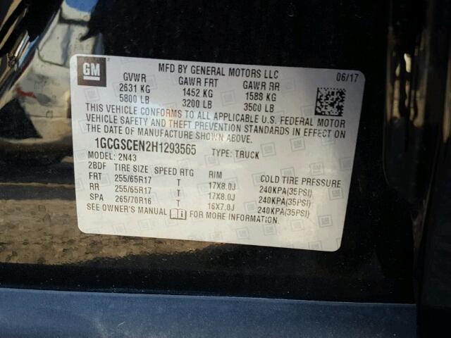 1GCGSCEN2H1293565 - 2017 CHEVROLET COLORADO L BLACK photo 10