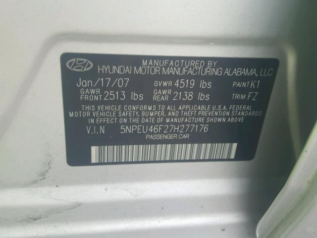 5NPEU46F27H277176 - 2007 HYUNDAI SONATA SE GRAY photo 10