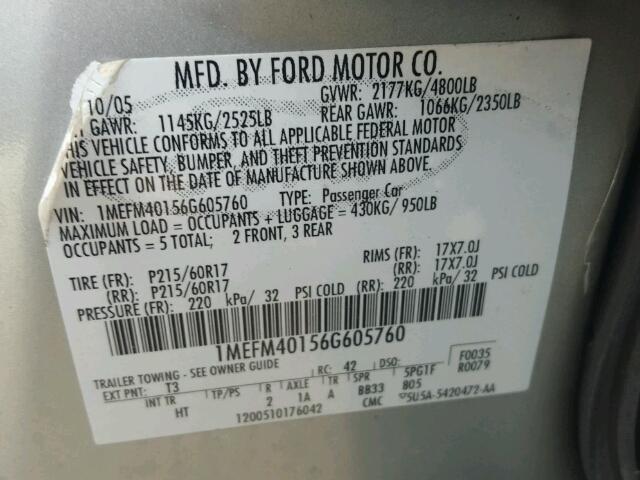 1MEFM40156G605760 - 2006 MERCURY MONTEGO LU SILVER photo 10