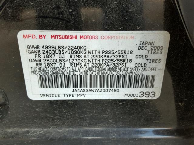 JA4AS3AW7AZ007490 - 2010 MITSUBISHI OUTLANDER BLACK photo 10