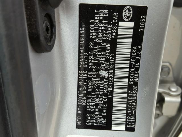 4T1BK1EB3DU051473 - 2013 TOYOTA AVALON BAS SILVER photo 10