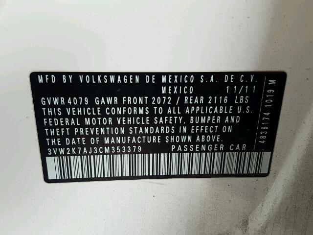 3VW2K7AJ3CM353379 - 2012 VOLKSWAGEN JETTA BASE 白色 照片 10