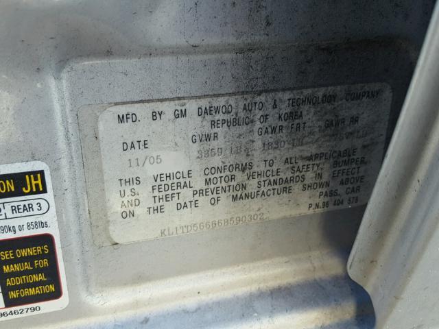 KL1TD56666B590302 - 2006 CHEVROLET AVEO BASE Gümüş fotoğraf 10