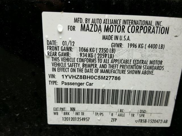 1YVHZ8BH0C5M27786 - 2012 MAZDA 6 I BLACK photo 10