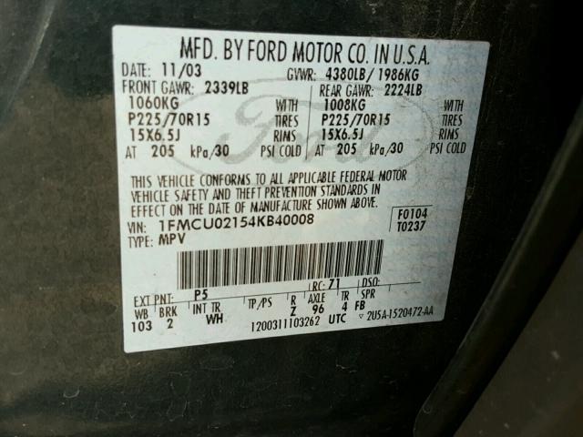 1FMCU02154KB40008 - 2004 FORD ESCAPE XLS GREEN photo 10