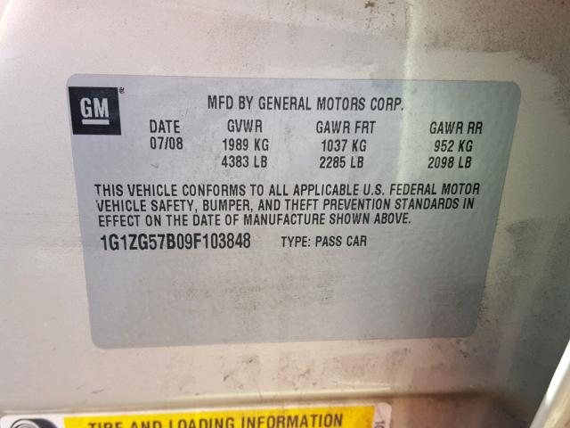 1G1ZG57B09F103848 - 2009 CHEVROLET MALIBU LS თაფლისფერი ფოტო 10