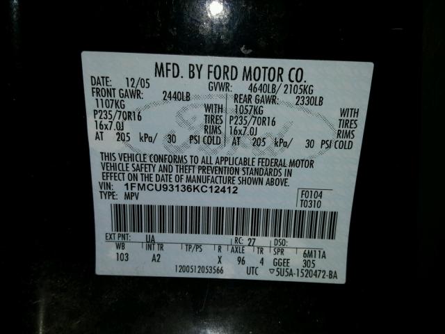 1FMCU93136KC12412 - 2006 FORD ESCAPE XLT BLACK photo 10