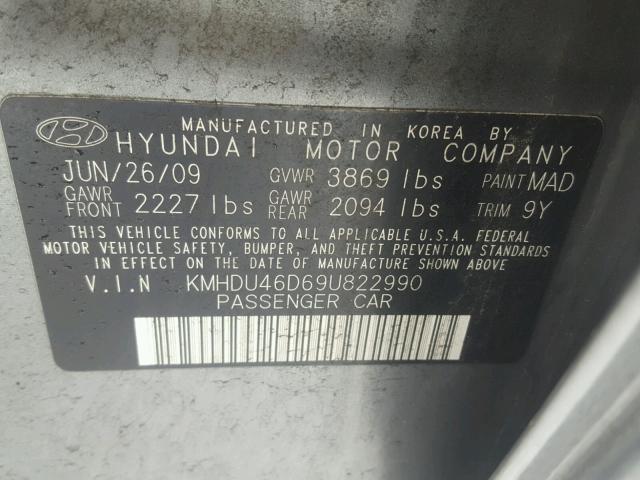 KMHDU46D69U822990 - 2009 HYUNDAI ELANTRA GL GRAY photo 10