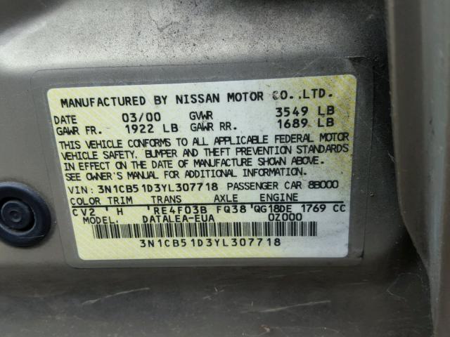 3N1CB51D3YL307718 - 2000 NISSAN SENTRA BAS GOLD photo 10