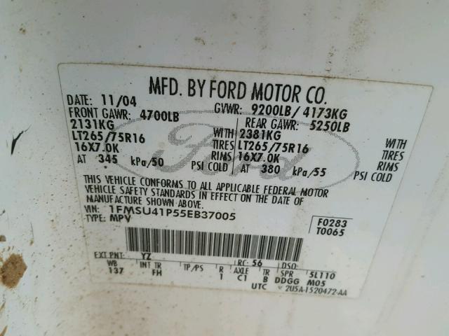 1FMSU41P55EB37005 - 2005 FORD EXCURSION WHITE photo 10