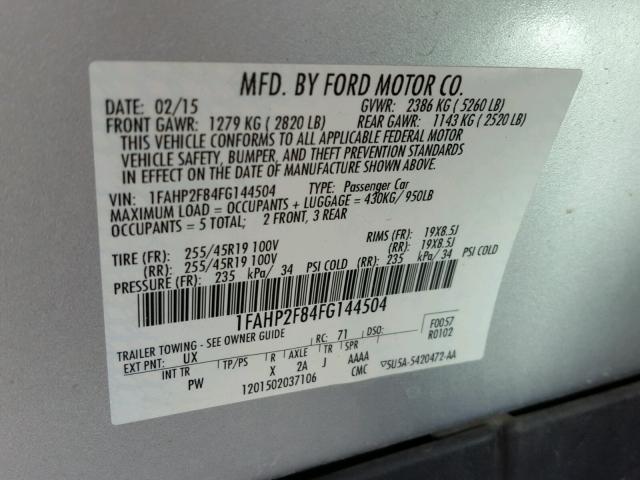 1FAHP2F84FG144504 - 2015 FORD TAURUS LIM SILVER photo 10