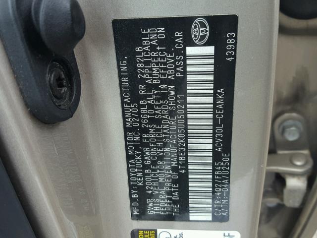 4T1BE32K05U050211 - 2005 TOYOTA CAMRY LE TAN photo 10