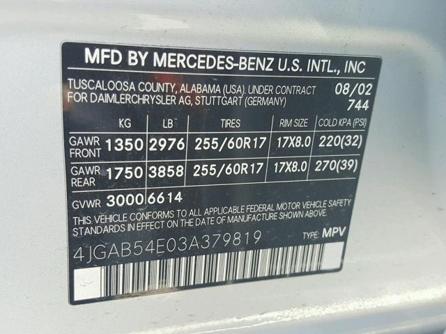 4JGAB54E03A379819 - 2003 MERCEDES-BENZ ML 320 SILVER photo 10