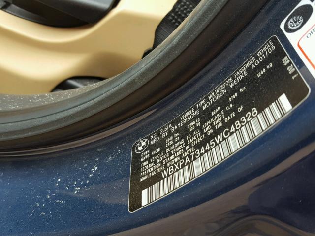 WBXPA73445WC48328 - 2005 BMW X3 2.5I BLUE photo 10