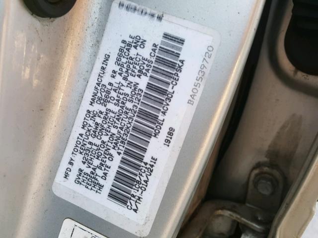 4T1BE32KX3U231233 - 2003 TOYOTA CAMRY LE SILVER photo 10