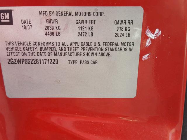 2G2WP552281171320 - 2008 PONTIAC GRAND PRIX RED photo 10