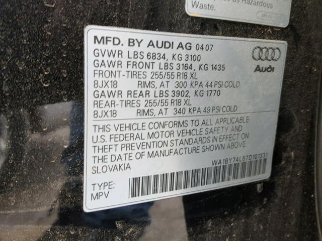 WA1BY74L67D101331 - 2007 AUDI Q7 3.6 QUA BLACK photo 10