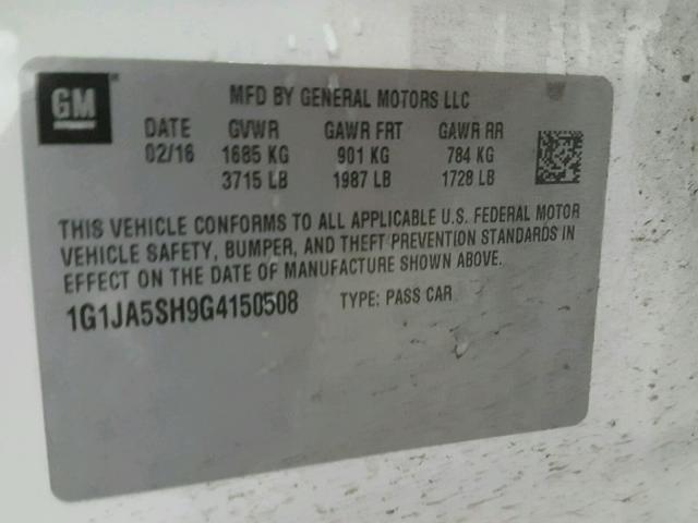 1G1JA5SH9G4150508 - 2016 CHEVROLET SONIC LS 白色 照片 10