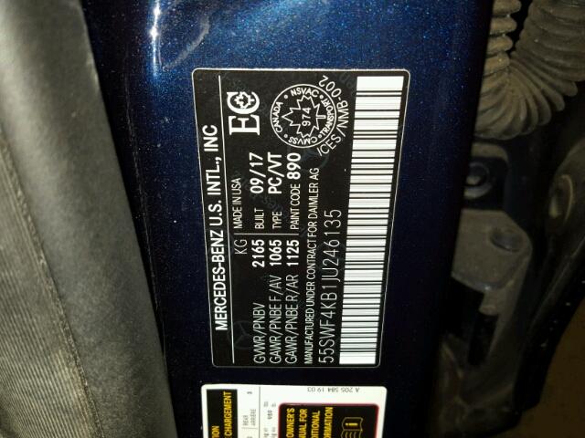 55SWF4KB1JU246135 - 2018 MERCEDES-BENZ C 300 4MAT BLUE photo 10