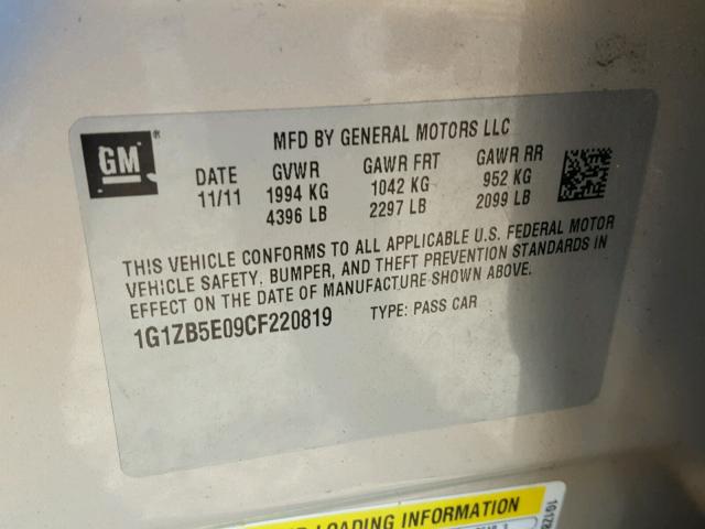 1G1ZB5E09CF220819 - 2012 CHEVROLET MALIBU LS ვერცხლისფერი ფოტო 10