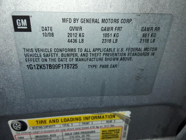 1G1ZK57B99F178725 - 2009 CHEVROLET MALIBU LTZ ვერცხლისფერი ფოტო 10