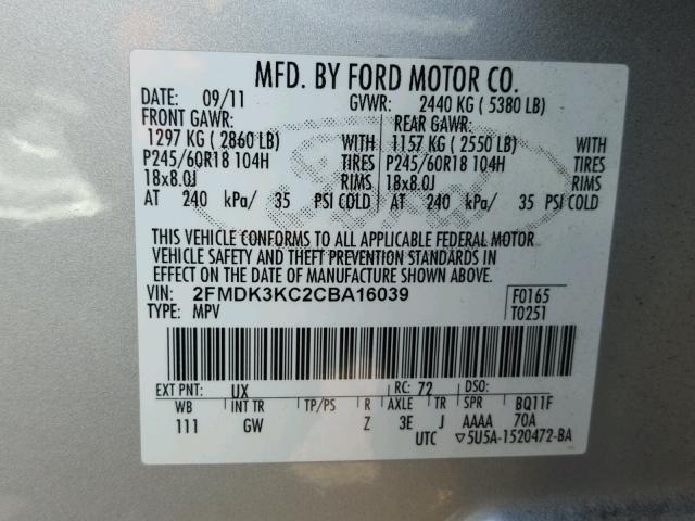 2FMDK3KC2CBA16039 - 2012 FORD EDGE LIMIT SILVER photo 10