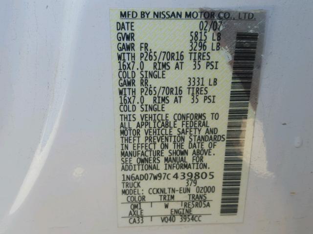 1N6AD07W97C439805 - 2007 NISSAN FRONTIER C WHITE photo 10