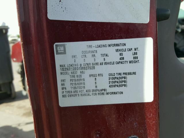 1G2NF12E01M627928 - 2001 PONTIAC GRAND AM S ბურგუნდია ფოტო 10