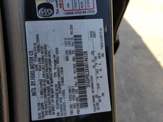 3FADP0L3XAR146528 - 2010 FORD FUSION HYB BLACK photo 10