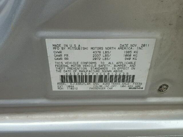 4A32B2FFXCE012235 - 2012 MITSUBISHI GALANT FE SILVER photo 10