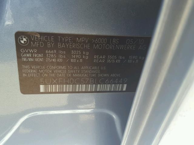 5UXFH0C57BLC66449 - 2011 BMW X6 HYBRID BLUE photo 10