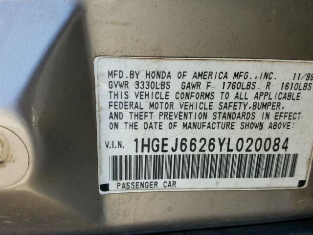 1HGEJ6626YL020084 - 2000 HONDA CIVIC DX BEIGE photo 10