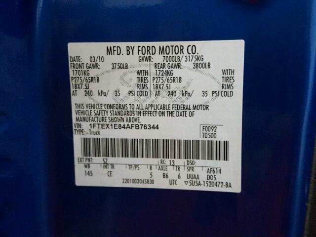 1FTEX1E84AFB76344 - 2010 FORD F150 SUPER BLUE photo 10