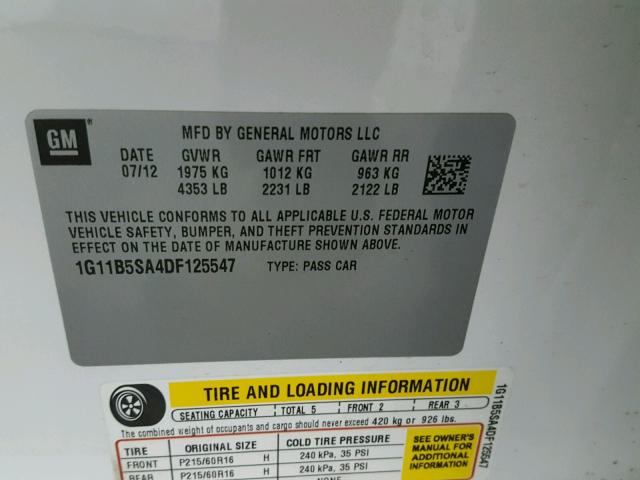 1G11B5SA4DF125547 - 2013 CHEVROLET MALIBU LS თეთრი ფოტო 10