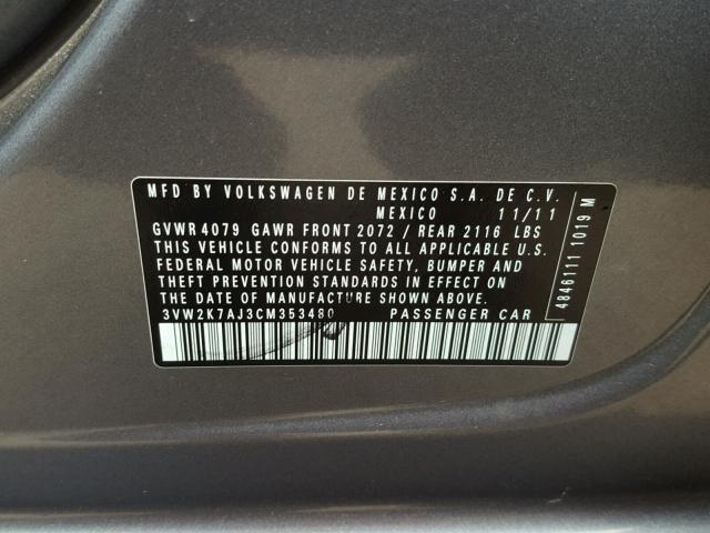 3VW2K7AJ3CM353480 - 2012 VOLKSWAGEN JETTA BASE გრაფიტი ფოტო 10