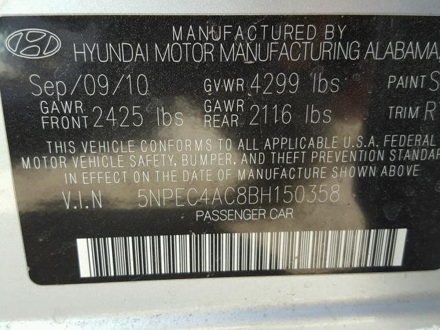 5NPEC4AC8BH150358 - 2011 HYUNDAI SONATA SE SILVER photo 10