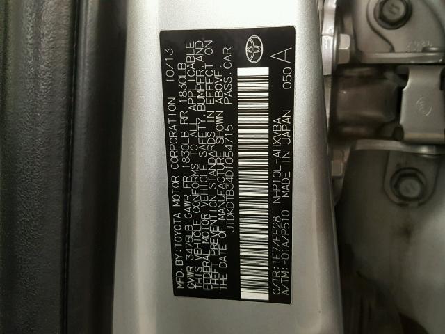 JTDKDTB34D1054715 - 2013 TOYOTA PRIUS C SILVER photo 10