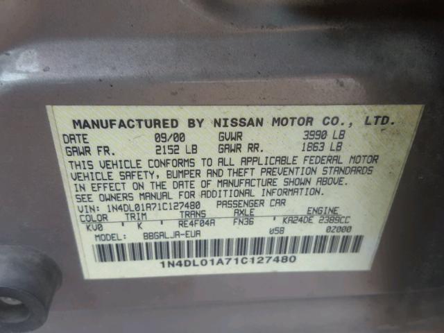 1N4DL01A71C127480 - 2001 NISSAN ALTIMA GXE GRAY photo 10