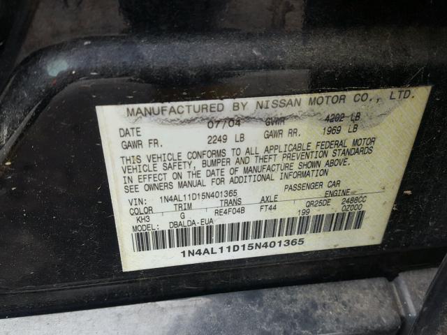 1N4AL11D15N401365 - 2005 NISSAN ALTIMA S BLACK photo 10