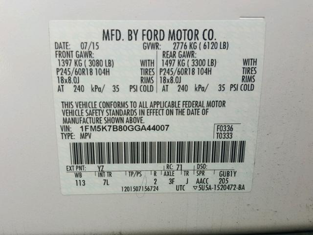 1FM5K7B80GGA44007 - 2016 FORD EXPLORER WHITE photo 10