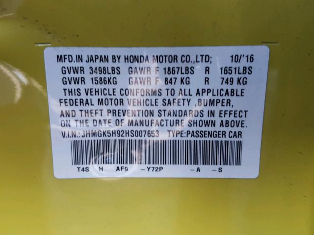 JHMGK5H92HS007653 - 2017 HONDA FIT EX YELLOW photo 10