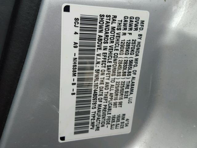 5FNRL18744B097815 - 2004 HONDA ODYSSEY EX SILVER photo 10