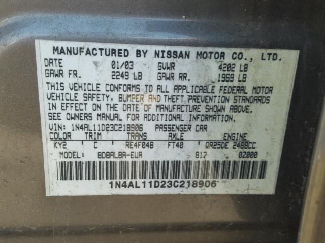 1N4AL11D23C218906 - 2003 NISSAN ALTIMA BAS GRAY photo 10