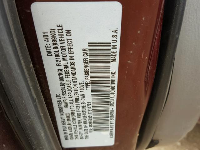 4S3BE635117214721 - 2001 SUBARU LEGACY L BURGUNDY photo 10