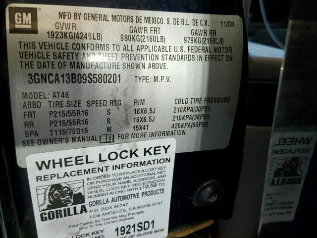 3GNCA13B09S580201 - 2009 CHEVROLET HHR LS BLUE photo 10