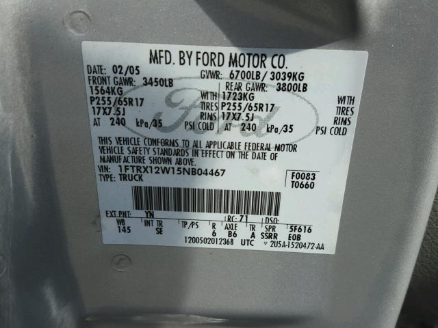 1FTRX12W15NB04467 - 2005 FORD F150 SILVER photo 10