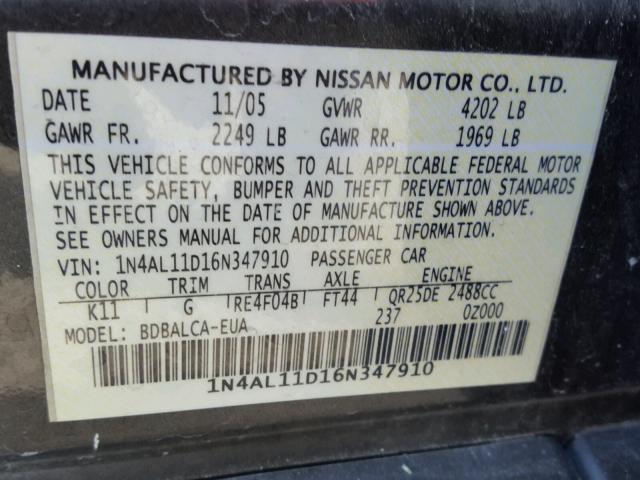 1N4AL11D16N347910 - 2006 NISSAN ALTIMA S GRAY photo 10